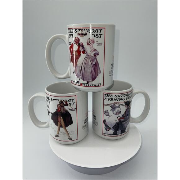 3 Norman Rockwell Saturday Evening Post Coffee Mugs 2002 Christmas Set (3) - Picture 2 of 6